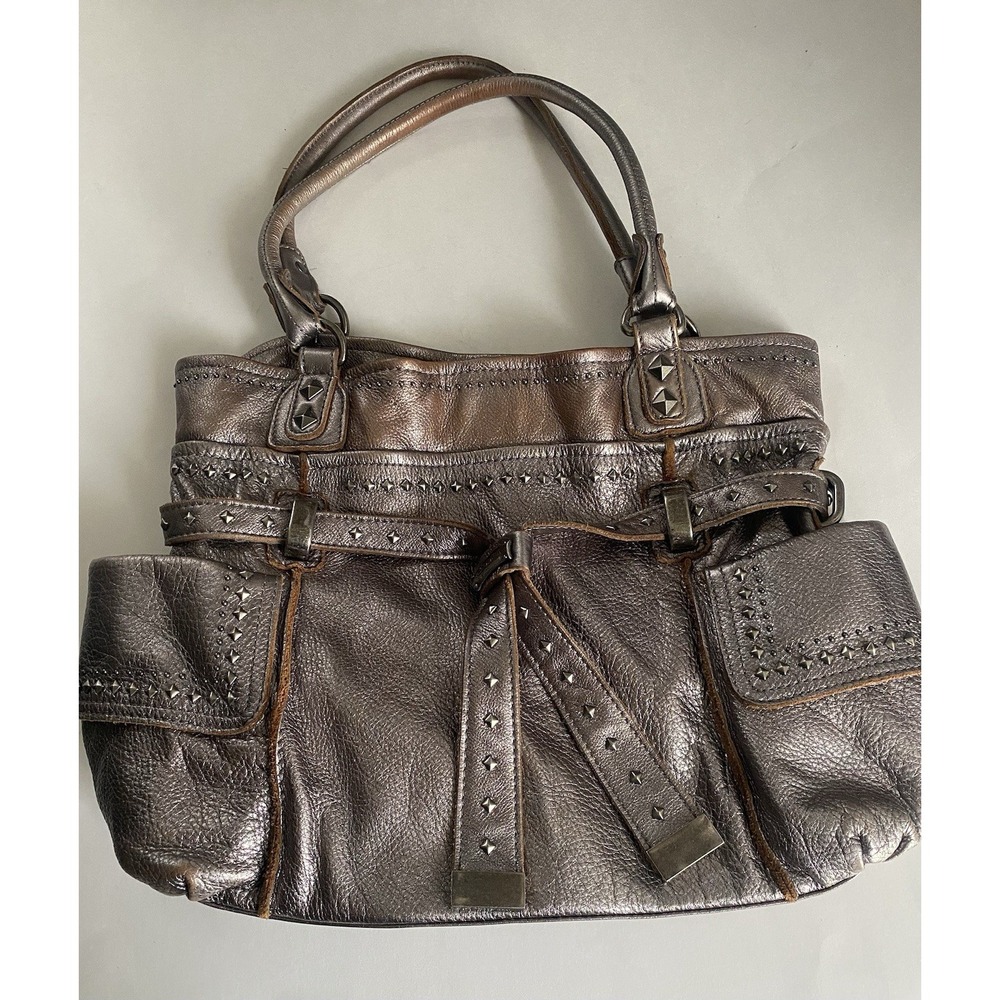 B Makowsky Leather Shoulder Tote Bag Leopard Lining